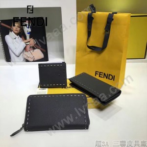 FENDI 0198-2 專櫃新品SELLERIA灰色原版牛皮手工釘釘長款拉鏈錢包