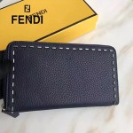 FENDI 0198 專櫃新品SELLERIA藍色原版牛皮手工釘釘長款拉鏈錢包