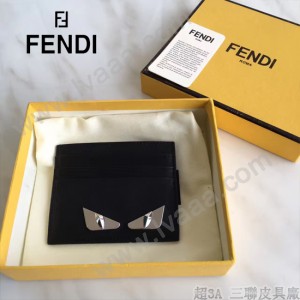 FENDI 0165-3 時尚新款2JOURS小怪獸眼睛金屬貼片黑色原版牛皮6卡位卡片夾