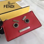 FENDI 0235-SL9-3 小巧纖薄無語表情貼片紅色原版牛皮拉鏈零錢包鑰匙包