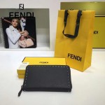 FENDI 0198-2 專櫃新品SELLERIA灰色原版牛皮手工釘釘長款拉鏈錢包