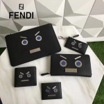 FENDI 0235-SL9 小巧纖薄無語表情貼片黑色原版牛皮拉鏈零錢包鑰匙包