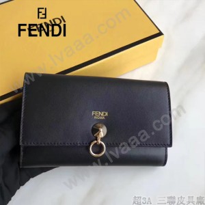 FENDI 0383 專櫃最新鉚釘裝飾黑色原版牛皮中長款錢包手拿包