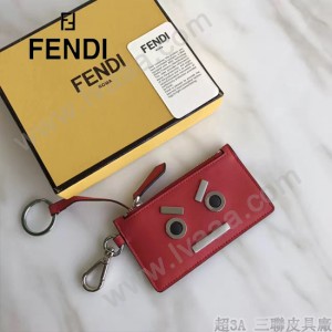 FENDI 0235-SL9-3 小巧纖薄無語表情貼片紅色原版牛皮拉鏈零錢包鑰匙包