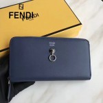 FENDI 0212-3 專櫃最新鉚釘裝飾藍色原版牛皮長款拉鏈錢包