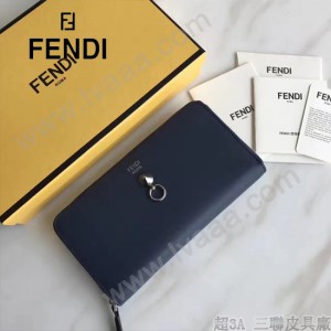FENDI 0212-3 專櫃最新鉚釘裝飾藍色原版牛皮長款拉鏈錢包
