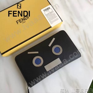 FENDI 0233SL9-2 商務型男無語表情貼片黑色原版牛皮多功能錢包