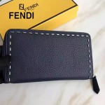 FENDI 0198 專櫃新品SELLERIA藍色原版牛皮手工釘釘長款拉鏈錢包