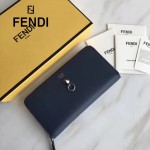 FENDI 0212-3 專櫃最新鉚釘裝飾藍色原版牛皮長款拉鏈錢包