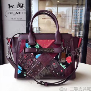 COACH-55503-3 真皮花朵拼接不同皮紋拼接雕花綴飾單肩斜挎包