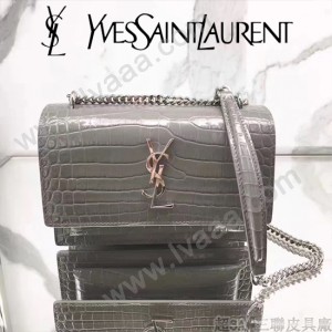YSL 452157E-4 人氣熱銷sunset灰色原版鱷魚紋牛皮mini單肩斜挎包