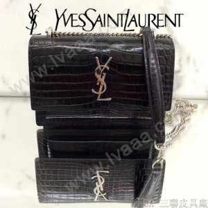 YSL 452157E 人氣熱銷sunset黑色原版鱷魚紋牛皮mini單肩斜挎包