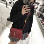 YSL 467072-2 專櫃同步新款棗紅色原版小牛皮單肩斜挎包翻蓋包