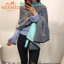 HERMES-0110-3特價圍巾 愛馬仕秋冬新款馬拉車標誌圖案羊毛混紡加厚款圍巾披肩