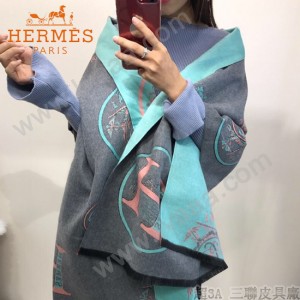 HERMES-0110-3特價圍巾 愛馬仕秋冬新款馬拉車標誌圖案羊毛混紡加厚款圍巾披肩