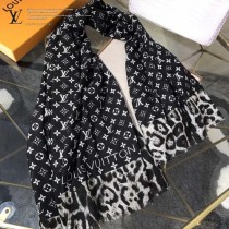LV圍巾-05-2 路易威登原單豹紋緹花Monogram Flower圖案羊絨圍巾方巾