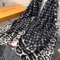 LV圍巾-05-2 路易威登原單豹紋緹花Monogram Flower圖案羊絨圍巾方巾