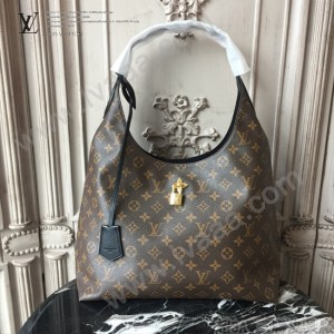 LV-43545 路易威登新款時尚經典Monogram Flower 挂锁黑色原版皮LU Hobo手袋