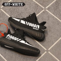 Adidas鞋子-06 OFF聯名款Yeezy 350V2 Boost爆米花黑白橘斑馬線中幫百搭慢跑鞋