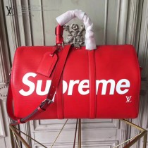 LV M53419-2 潮流supreme聯名款KEEPALL 45原單紅色水波紋手提旅行袋