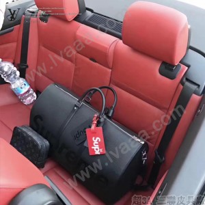 LV M53419 潮流supreme聯名款KEEPALL 45原單黑色水波紋手提旅行袋