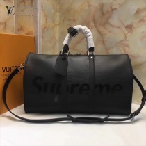 LV M53419 潮流supreme聯名款KEEPALL 45原單黑色水波紋手提旅行袋