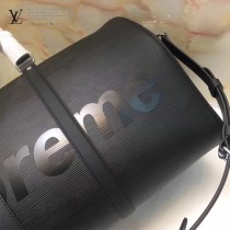 LV M53419 潮流supreme聯名款KEEPALL 45原單黑色水波紋手提旅行袋