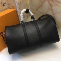 LV M53419 潮流supreme聯名款KEEPALL 45原單黑色水波紋手提旅行袋