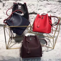 LV M54677 人氣熱銷LOCKME BUCKET原單黑色拼玫紅牛皮單肩水桶包