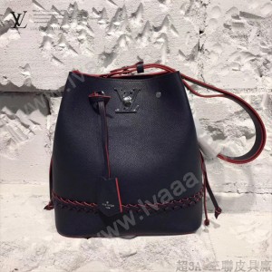 LV M54681 人氣熱銷LOCKME BUCKET原單海軍藍拼紅色牛皮單肩水桶包
