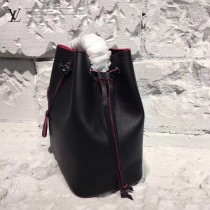 LV M54677 人氣熱銷LOCKME BUCKET原單黑色拼玫紅牛皮單肩水桶包