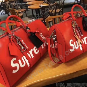 LV M53419-2 潮流supreme聯名款KEEPALL 45原單紅色水波紋手提旅行袋