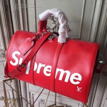 LV M53419-2 潮流supreme聯名款KEEPALL 45原單紅色水波紋手提旅行袋