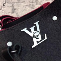 LV M54677 人氣熱銷LOCKME BUCKET原單黑色拼玫紅牛皮單肩水桶包