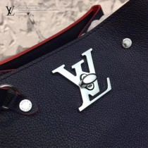 LV M54681 人氣熱銷LOCKME BUCKET原單海軍藍拼紅色牛皮單肩水桶包