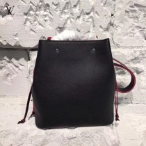 LV M54677 人氣熱銷LOCKME BUCKET原單黑色拼玫紅牛皮單肩水桶包