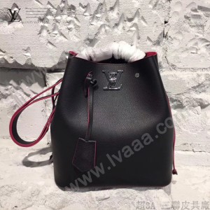 LV M54677 人氣熱銷LOCKME BUCKET原單黑色拼玫紅牛皮單肩水桶包