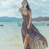 海边海滩波西米亚V领露背沙滩裙无袖显瘦吊带长款连衣裙长裙