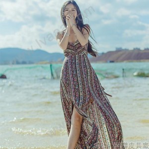 海边海滩波西米亚V领露背沙滩裙无袖显瘦吊带长款连衣裙长裙