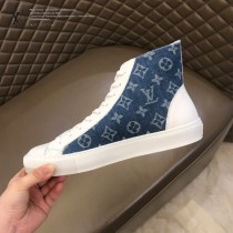 LV 限定款牛仔布配小牛皮高幫帆布鞋