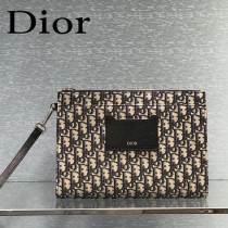 DIOR-02 迪奧原版皮全新Oblique 帆布和黑色粒面觸感小牛皮手拿包