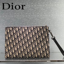 DIOR-02 迪奧原版皮全新Oblique 帆布和黑色粒面觸感小牛皮手拿包