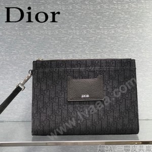 DIOR-01 迪奧原版皮全新Oblique 帆布和黑色粒面觸感小牛皮手拿包