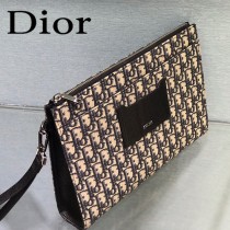 DIOR-02 迪奧原版皮全新Oblique 帆布和黑色粒面觸感小牛皮手拿包