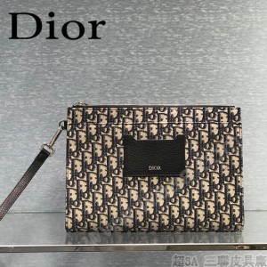 DIOR-02 迪奧原版皮全新Oblique 帆布和黑色粒面觸感小牛皮手拿包