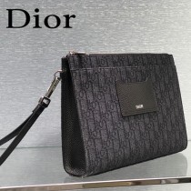 DIOR-01 迪奧原版皮全新Oblique 帆布和黑色粒面觸感小牛皮手拿包