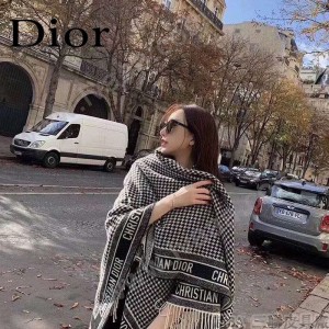 DIOR迪奧千鳥格 大方巾圍巾披肩毛毯三用