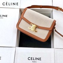 CELINE塞琳原單 666 TRIOMPHE 中號 織物面料拼接小牛皮肩背包郵差包