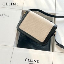 CELINE塞琳原單 666 TRIOMPHE 中號 織物面料拼接小牛皮肩背包郵差包