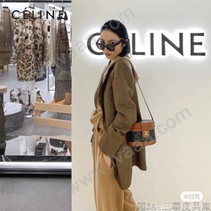 CELINE 賽琳 195192-01  原單 CELINE TAMBOUR TRIOMPHE 新款圓形盒子包刺繡織布配牛皮革中號手袋